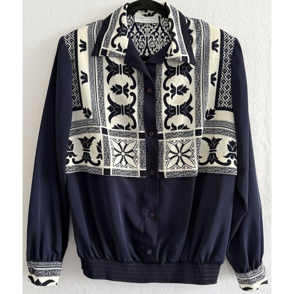 THREE FLAGS Jacket Women Medium Large Blue Multicolor Button Up‎ Shoulder Pads